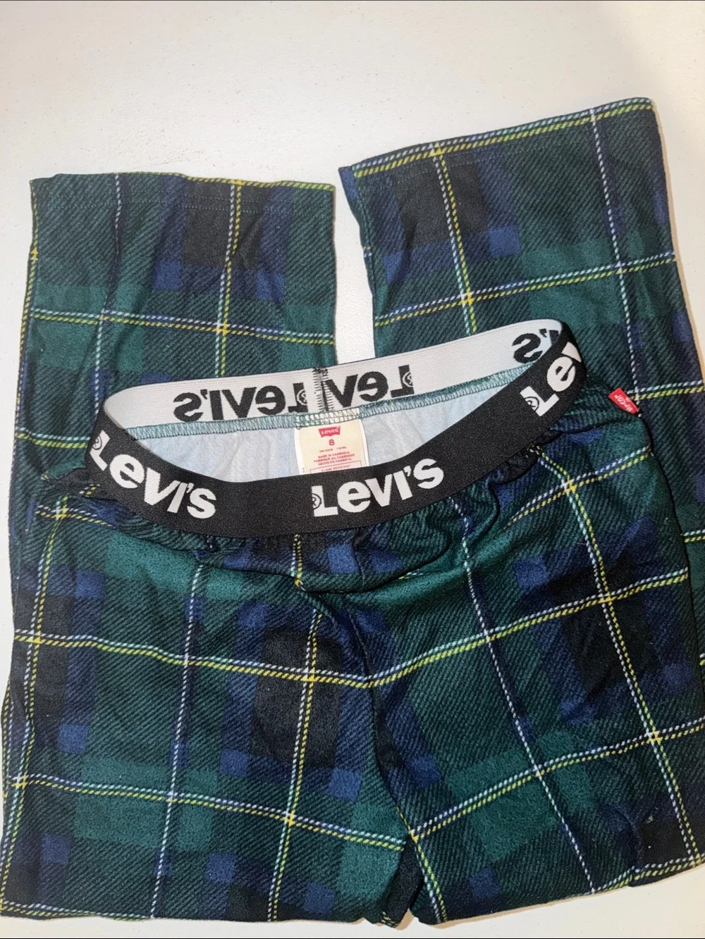 Levi's Green & Navy Plaid Kids Pajama Bottoms with Branded Waistband